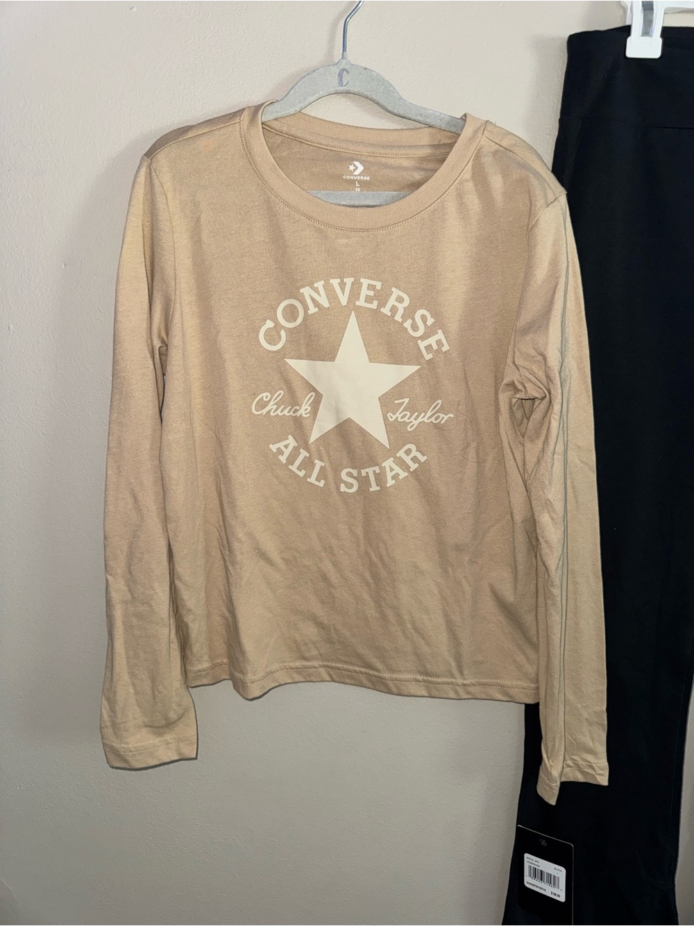 Converse Beige Logo Long Sleeve Top & Black Logo Boot-Cut Pants - Kids - Picture 2 of 6